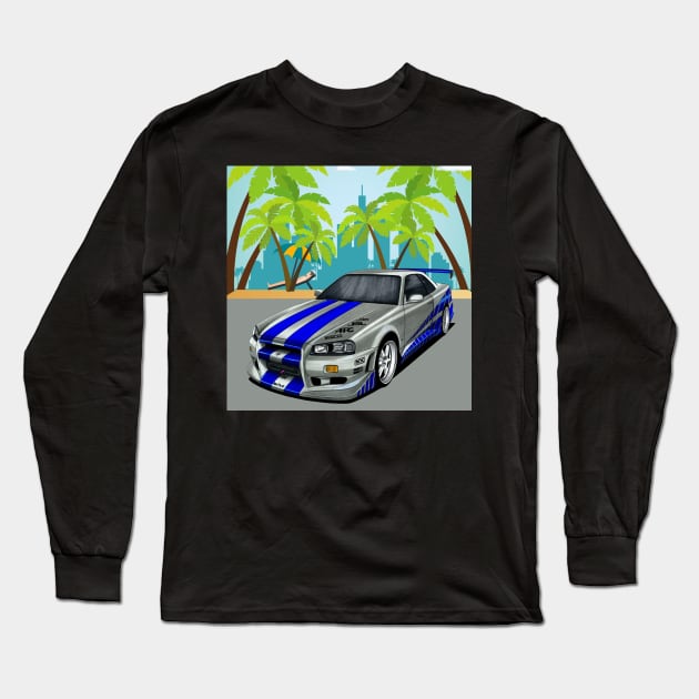 Paul walker's Skyline GTR R34 IN MIAMI Long Sleeve T-Shirt by MOTOSHIFT